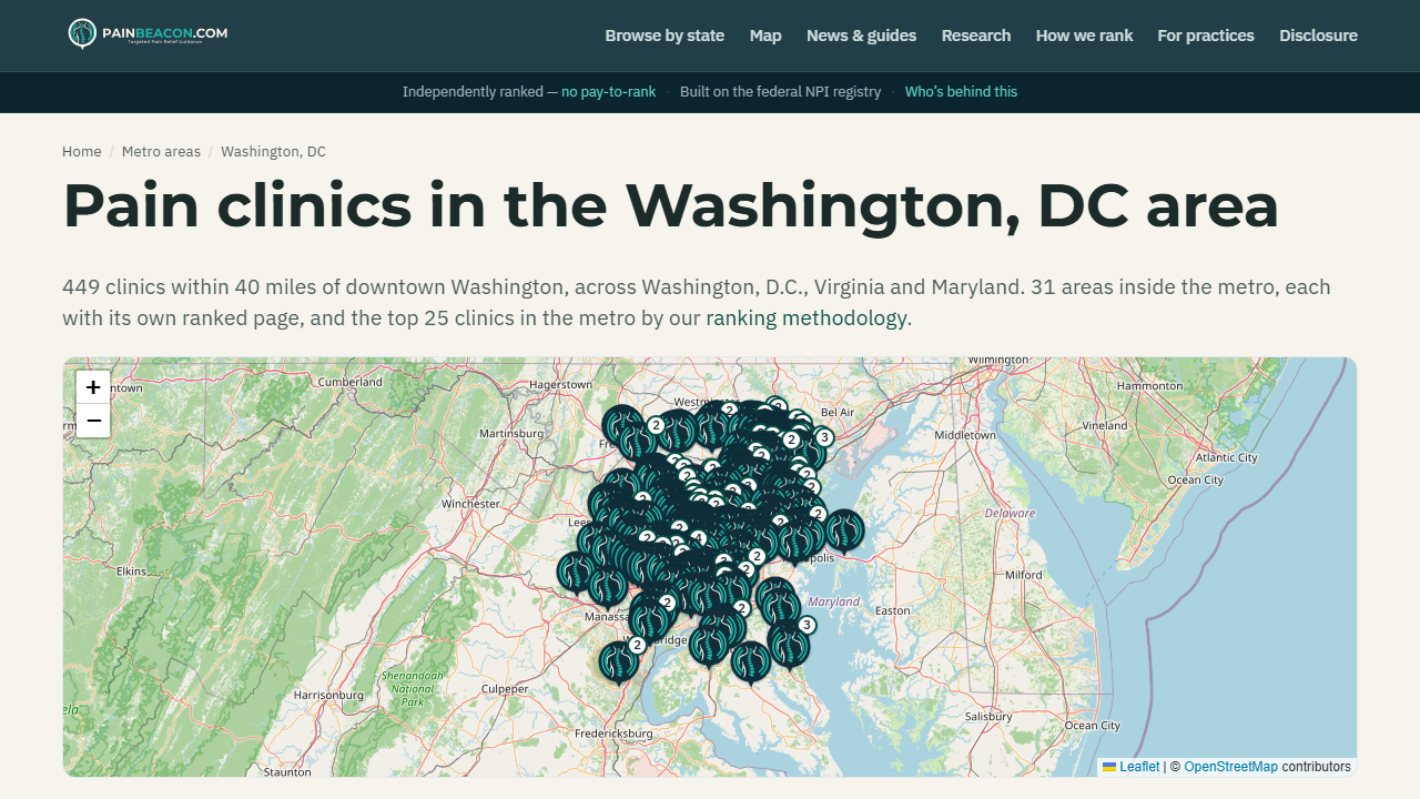 PainBeacon metro page for the Washington, DC area