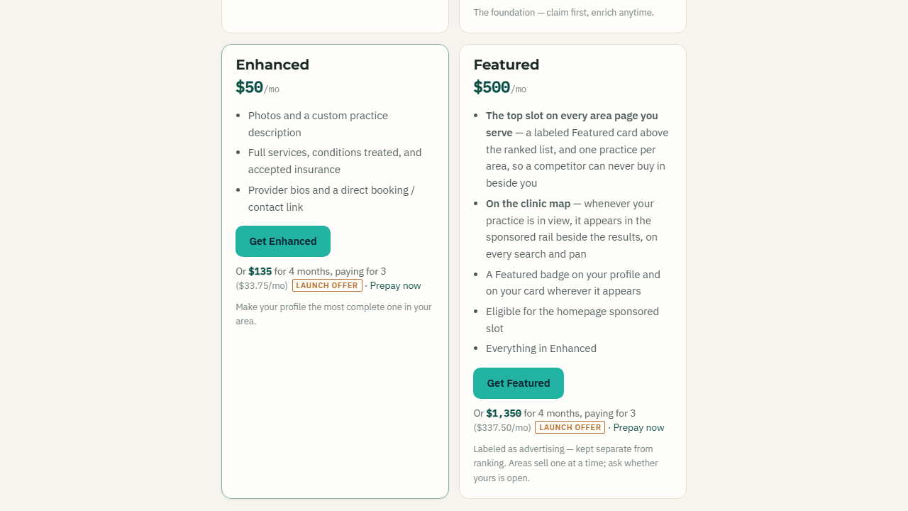 PainBeacon paid listing tiers — Enhanced at $50 a month and Featured at $500 a month