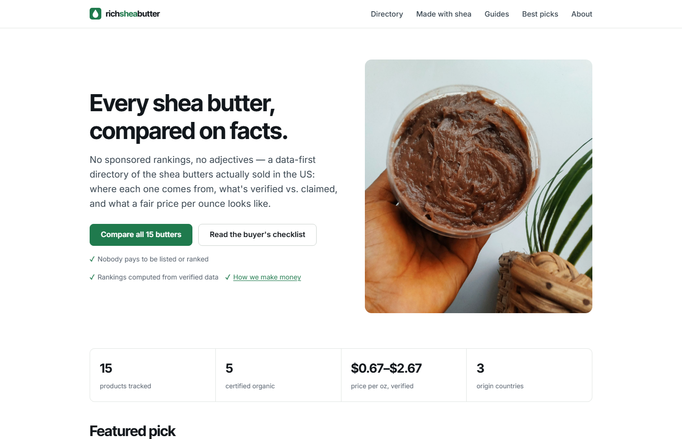 Rich Shea Butter homepage — Every shea butter, compared on facts